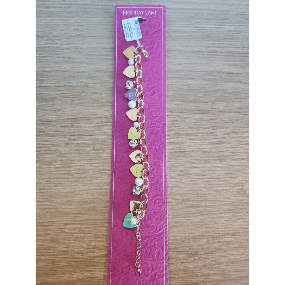 Holiday Lane Gold-Tone Valentines Message Hearts Charm Bracelet Multi‎ Colored